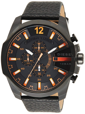 Diesel Mega Chief Chronograph Black Dial Black Leather Strap Watch For Men - DZ4291 Authentic Buy Shop Now