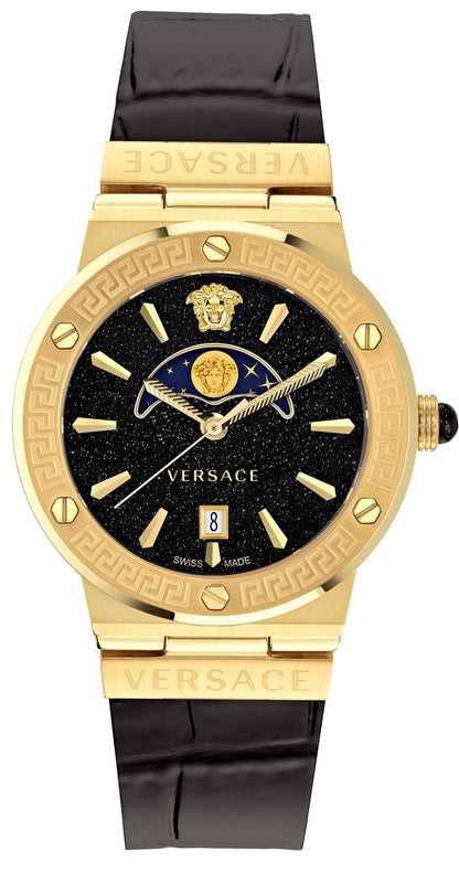 Versace Greca Moonphase Analog Black Dial Black Leather Strap Watch For Men - VE7G00123 Authentic Buy Shop Now