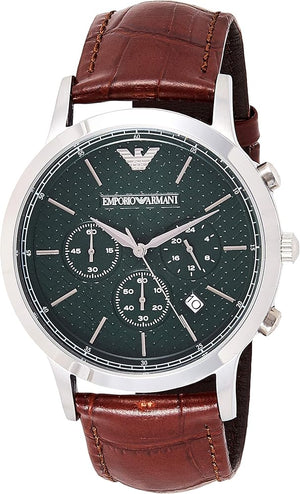 Emporio Armani Renato Chronograph Green Dial Brown Leather Strap Watch For Men - AR2493 Authentic Buy Shop Now