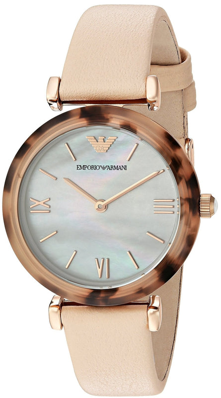 Emporio Armani Mother of Pearl Dial Beige Leather Strap Watch For Women - AR11004 Authentic Buy Shop Now