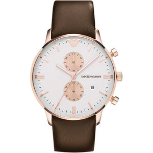 Emporio Armani Gianni Classic Chronograph White Dial Brown Leather Strap Watch For Men - AR0398 Authentic Buy Shop Now