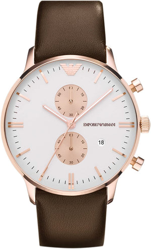 Emporio Armani Gianni Classic Chronograph White Dial Brown Leather Strap Watch For Men - AR0398 Authentic Buy Shop Now