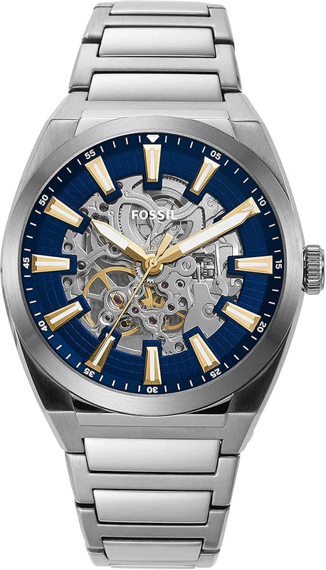 Fossil Everett Automatic Skeleton Blue Dial Silver Steel Strap Watch for Men - ME3220 Authentic Buy Shop Now