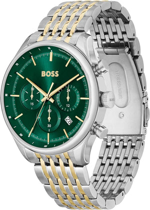 Hugo Boss Gregor Chronograph Green Dial Two Tone Steel Strap Watch For Men - 1514081 Authentic Buy Shop Now