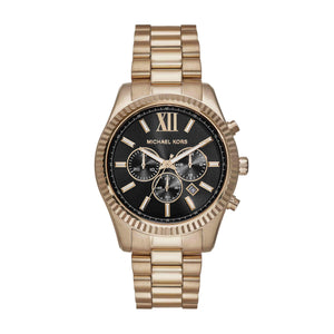 Michael Kors Lexington Chronograph Black Dial Gold Steel Strap Watch for Men - MK9155 Authentic Buy Shop Now