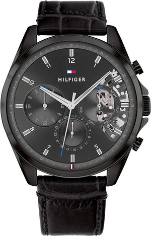 Tommy Hilfiger Baker Chronograph Black Dial Black Leather Strap Watch For Men - 1710452 Authentic Buy Shop Now