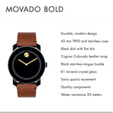 Movado Bold Black Dial Brown Leather Strap Watch For Men - 3600305 Authentic Buy Shop Now
