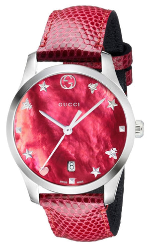 Gucci G-Timeless Mother of Pearl Red Dial Red Leather Strap Watch For Women - YA1264041 Authentic Buy Shop Now