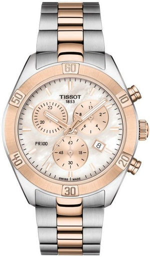 Tissot PR 100 Sport Chic Chronograph Mother of Pearl Dial Two Tone Steel Strap Watch for Women - T101.917.22.151.00 Authentic Buy Shop Now