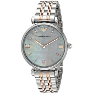 Emporio Armani Gianni T-Bar Mother of Pearl Dial Two Tone Steel Strap Watch For Women - AR1987 Authentic Buy Shop Now