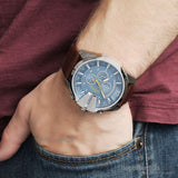 Diesel Mega Chief Chronograph Blue Dial Brown Leather Strap Watch For Men - DZ4281 Authentic Buy Shop Now