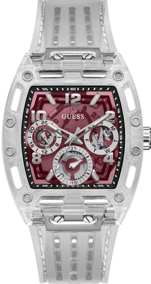 Guess Phoenix Quartz Burgundy Dial Transparent Silicone Strap Watch For Men - GW0499G9 Authentic Buy Shop Now