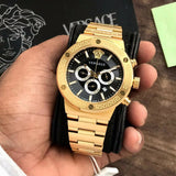 Versace Greca Chronograph Black Dial Gold Steel Strap Watch For Men - VEZ900421 Authentic Buy Shop Now