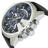 Diesel Mega Chief Chronograph Blue Dial Black Leather Strap Watch For Men - DZ4423 Authentic Buy Shop Now