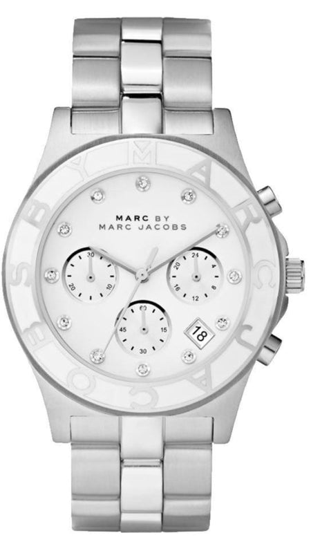 Marc Jacobs Blade Chronograph White Dial Silver Steel Strap Watch for Women - MBM3080 Authentic Buy Shop Now