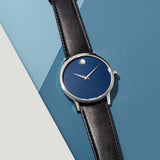 Movado Museum Classic Blue Dial Black Leather Strap Watch for Men - 0607197 Authentic Buy Shop Now