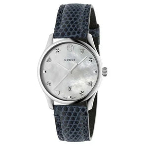 Gucci G-Timeless Signature Mother of Pearl Silver Dial Blue Leather Strap Watch For Women - YA1264049 Authentic Buy Shop Now