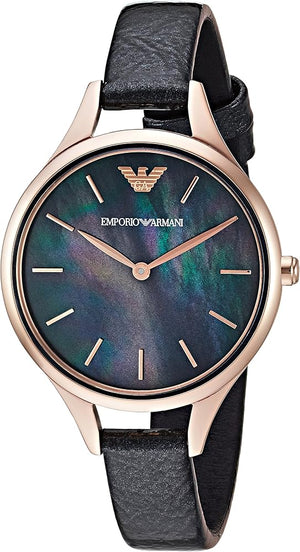 Emporio Armani Aurora Mother Of Pearl Black Dial Black Leather Strap Watch For Women - AR11056 Authentic Buy Shop Now
