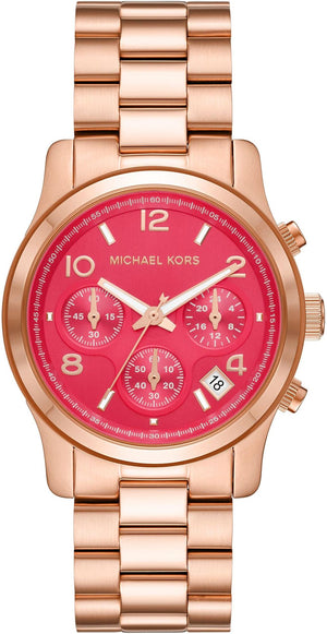 Michael Kors Runway Chronograph Pink Dial Rose Gold Steel Strap Watch For Women - MK7352 Authentic Buy Shop Now