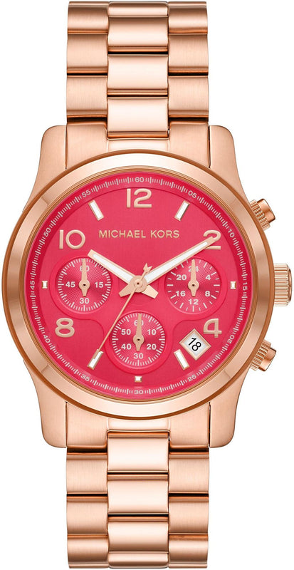 Michael Kors Runway Chronograph Pink Dial Rose Gold Steel Strap Watch For Women - MK7352 Authentic Buy Shop Now