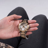 Guess Frontier Chronograph Crystals Gold Dial Two Tone Steel Strap Watch For Women - W1156L5 Authentic Buy Shop Now
