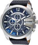 Diesel Mega Chief Chronograph Blue Dial Black Leather Strap Watch For Men - DZ4423 Authentic Buy Shop Now