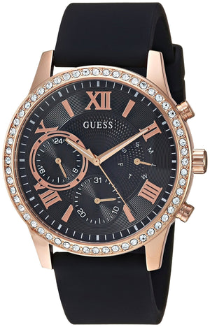 Guess Solar 40mm Black & Rose Gold Dial Black Rubber Strap Watch For Women - W1135L4 Authentic Buy Shop Now
