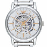 Emporio Armani Meccanico Skeleton Silver Dial Silver Steel Strap Watch For Men - AR1980 Authentic Buy Shop Now