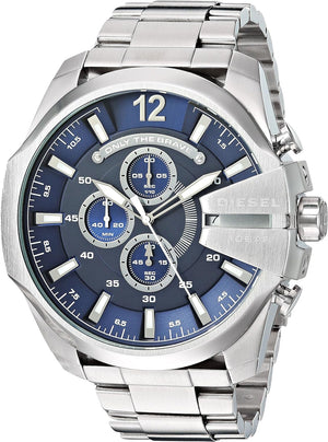 Diesel Mega Chief Chronograph Blue Dial Silver Steel Strap Watch For Men - DZ4417 Authentic Buy Shop Now