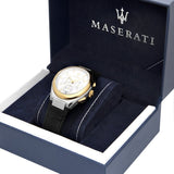 Maserati Triconic Chronograph White Dial Black Leather Strap Watch For Men - R8871639004 Authentic Buy Shop Now