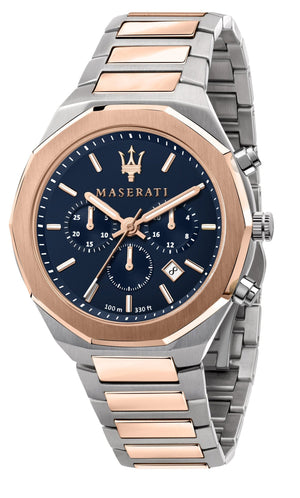 Maserati Stile Chronograph Blue Dial Rose Gold Two Tone Strap Watch For Men - R8873642002 Authentic Buy Shop Now