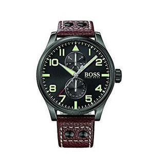 Hugo Boss Aeroliner Day Date Black Dial Brown Leather Strap Watch For Men - HB1513079 Authentic Buy Shop Now