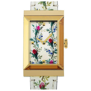 Gucci G-Frame Floral Mother of Pearl Dial White Leather Strap Watch For Women - YA147407 Authentic Buy Shop Now