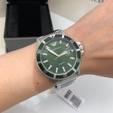 Emporio Armani Three Hand Green Dial Silver Steel Strap Watch For Men - AR11338 Authentic Buy Shop Now