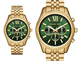 Michael Kors Lexington Chronograph Green Dial Gold Steel Strap Watch for Men - MK8446 Authentic Buy Shop Now