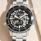 Fossil FB-01 Automatic Skeleton Black Dial Silver Steel Strap Watch for Men - ME3190 Authentic Buy Shop Now