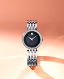 Movado Esperanza 63 Diamonds Black Dial Silver Steel Strap Watch For Women - 0607052 Authentic Buy Shop Now