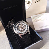 Emporio Armani Luigi Silver Skeleton Dial Black Leather Strap Watch For Men - AR1981 Authentic Buy Shop Now