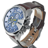 Diesel Mega Chief Chronograph Blue Dial Brown Leather Strap Watch For Men - DZ4281 Authentic Buy Shop Now