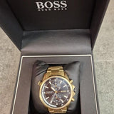 Hugo Boss Globetrotter Chronograph Black Dial Gold Steel Strap Watch for Men - 1513932 Authentic Buy Shop Now