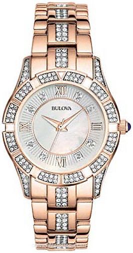 Bulova Crystal Mother of Pearl Dial Rose Gold Steel Strap Watch for Women - 98L197 Authentic Buy Shop Now