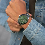 Lacoste Boston Chronograph Green Dial Silver Steel Strap Watch for Men - 2011080 Authentic Buy Shop Now