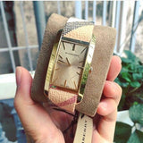 Burberry Pioneer Gold Dial Haymarket Beige Leather Strap Watch for Women - BU9509 Authentic Buy Shop Now