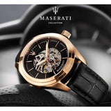 Maserati Traguardo Automatic Black Skeleton Dial Black Leather Strap Watch For Men - R8821112001 Authentic Buy Shop Now