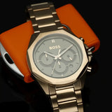 Hugo Boss Classic Chronograph Green Dial Beige Gold Steel Strap Watch For Men - 1514019 Authentic Buy Shop Now