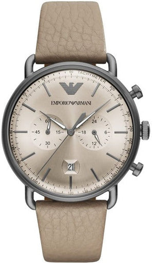 Emporio Armani Aviator Chronograph Quartz Grey Dial Beige Leather Strap Watch For Men - AR11107 Authentic Buy Shop Now