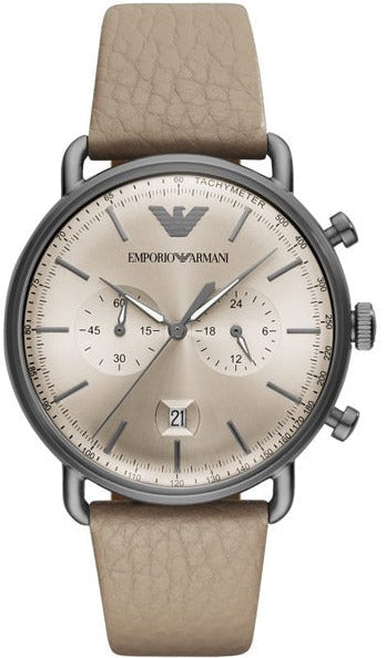 Emporio Armani Aviator Chronograph Quartz Grey Dial Beige Leather Strap Watch For Men - AR11107 Authentic Buy Shop Now