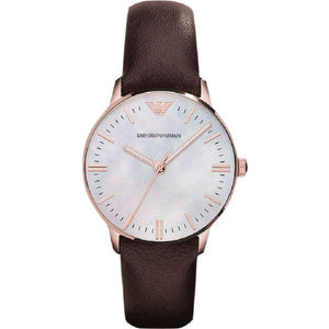 Emporio Armani Classic Quartz Mother of Pearl Dial Brown Leather Strap Watch For Women - AR1601 Authentic Buy Shop Now