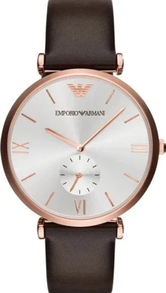 Emporio Armani Classic Analog Silver Dial Brown Leather Strap Watch For Men - AR9038 Authentic Buy Shop Now