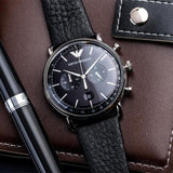 Emporio Armani Aviator Chronograph Black Dial Black Leather Strap Watch For Men - AR11143 Authentic Buy Shop Now